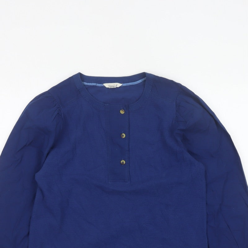White Stuff Women Blue UK 10 Knit Cotton Puff Sleeve Button Blouse