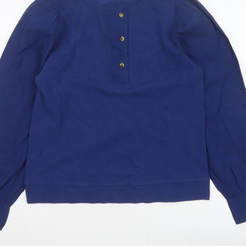 White Stuff Women Blue UK 10 Knit Cotton Puff Sleeve Button Blouse