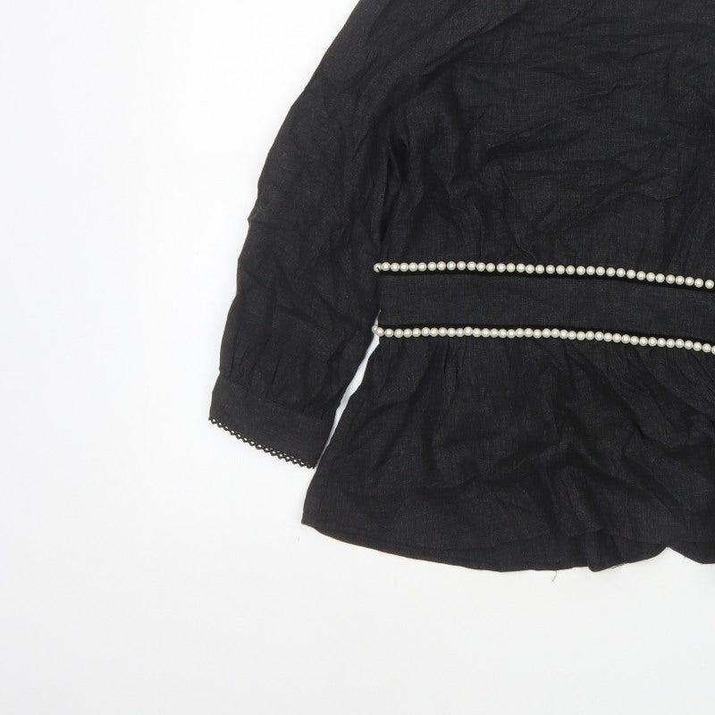 Zara TRF Women’s Black S Long Sleeve Pearl Trim Peplum Blouse