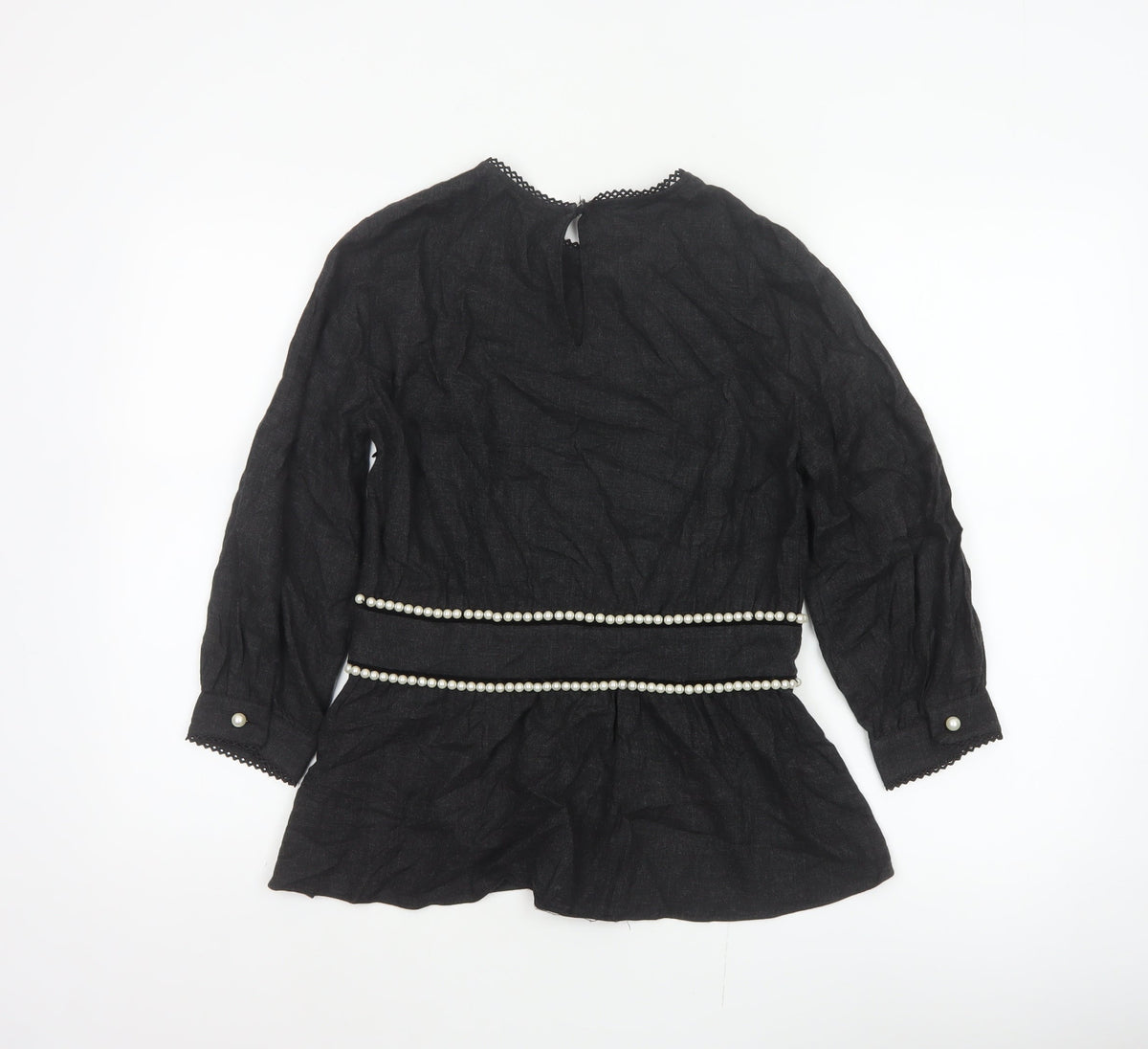 Zara TRF Women’s Black S Long Sleeve Pearl Trim Peplum Blouse