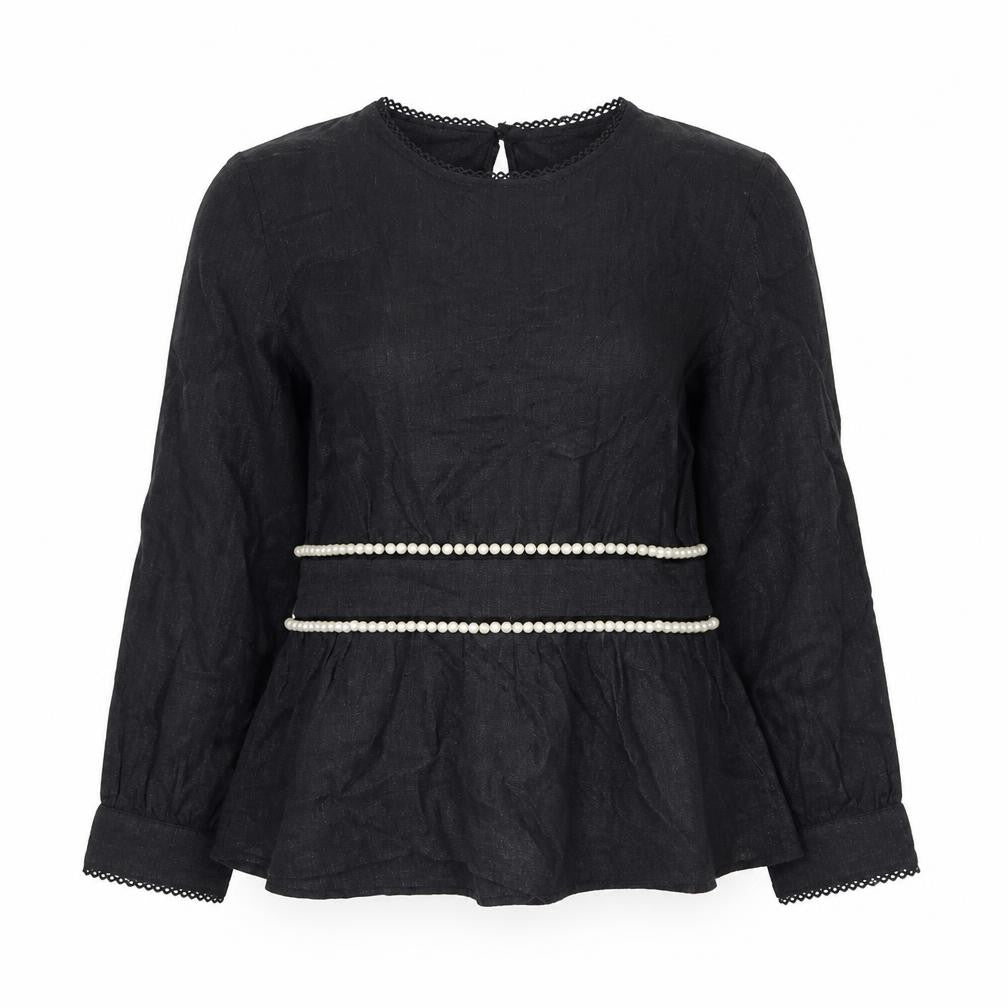 Zara TRF Women’s Black S Long Sleeve Pearl Trim Peplum Blouse