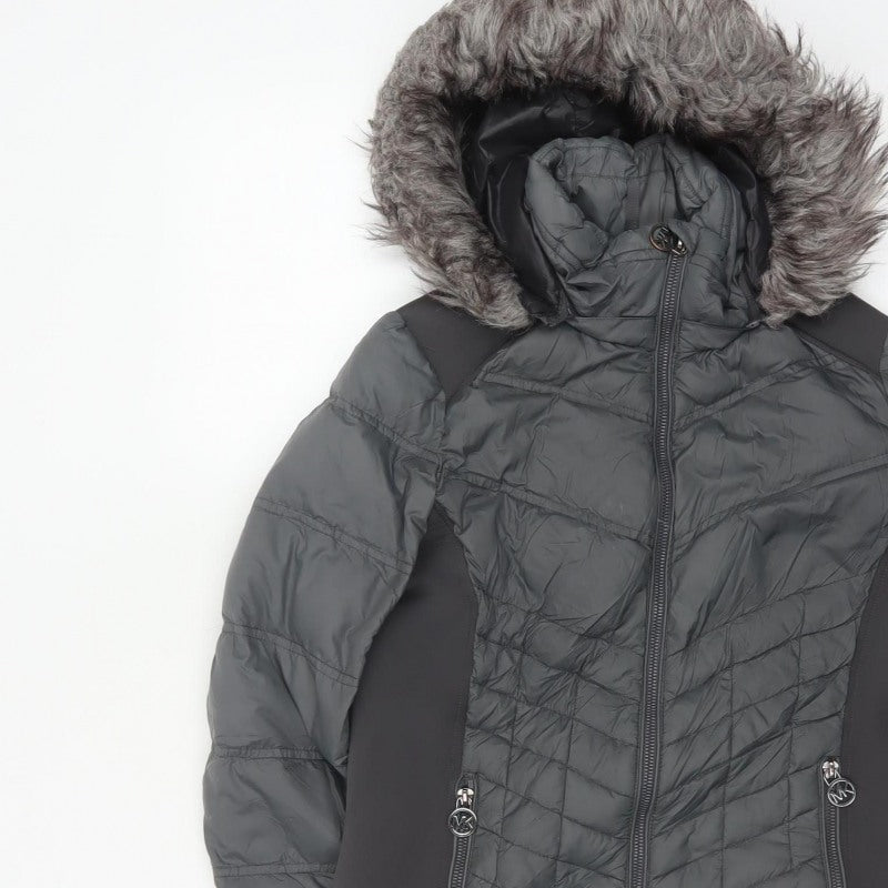 Michael Kors Women Black S Fur Trim Hooded Quilted Puffer Jacket