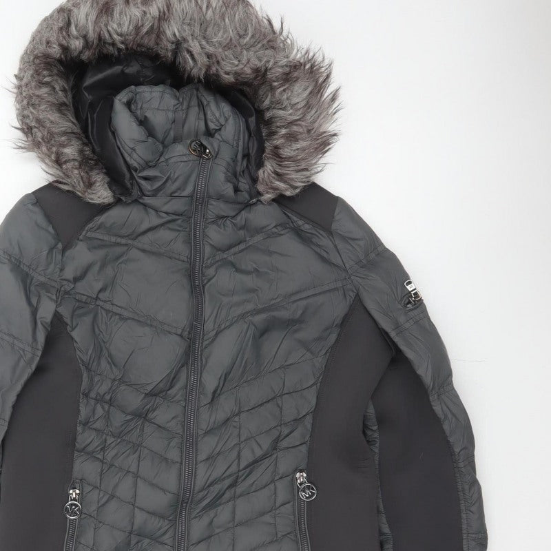 Michael Kors Women Black S Fur Trim Hooded Quilted Puffer Jacket