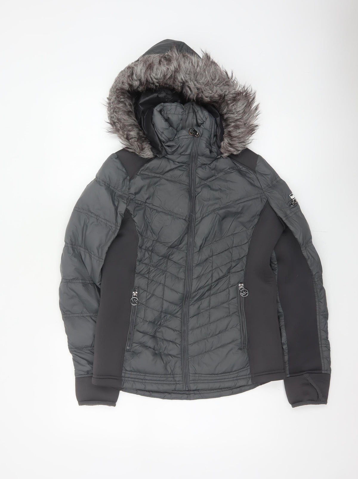 Michael Kors Women Black S Fur Trim Hooded Quilted Puffer Jacket