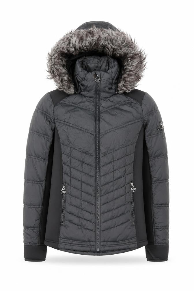 Michael Kors Women Black S Fur Trim Hooded Quilted Puffer Jacket