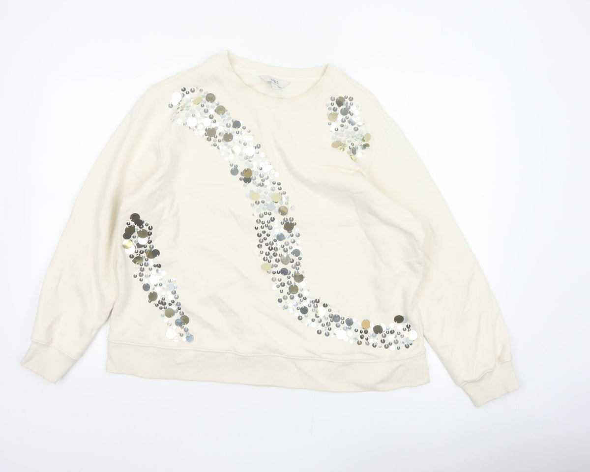 Marks and Spencer Women Ivory L Sequin Embellished Crew Neck Sweatshirt