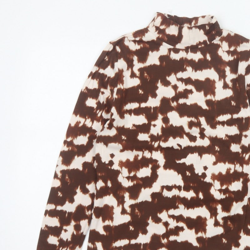 Marks and Spencer Women Brown Animal Print High Neck Long Sleeve Top UK 12