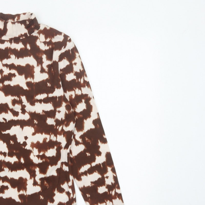 Marks and Spencer Women Brown Animal Print High Neck Long Sleeve Top UK 12