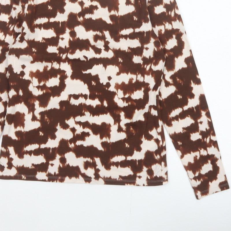 Marks and Spencer Women Brown Animal Print High Neck Long Sleeve Top UK 12