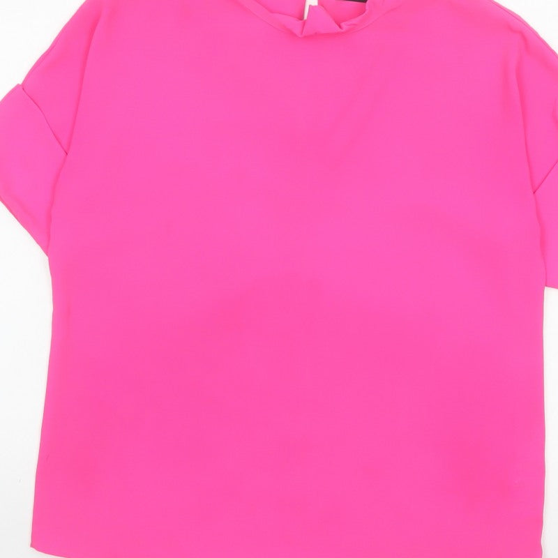 Oasis Women Pink UK 10 Ruffle Neck Dolman Sleeve Polyester Blouse