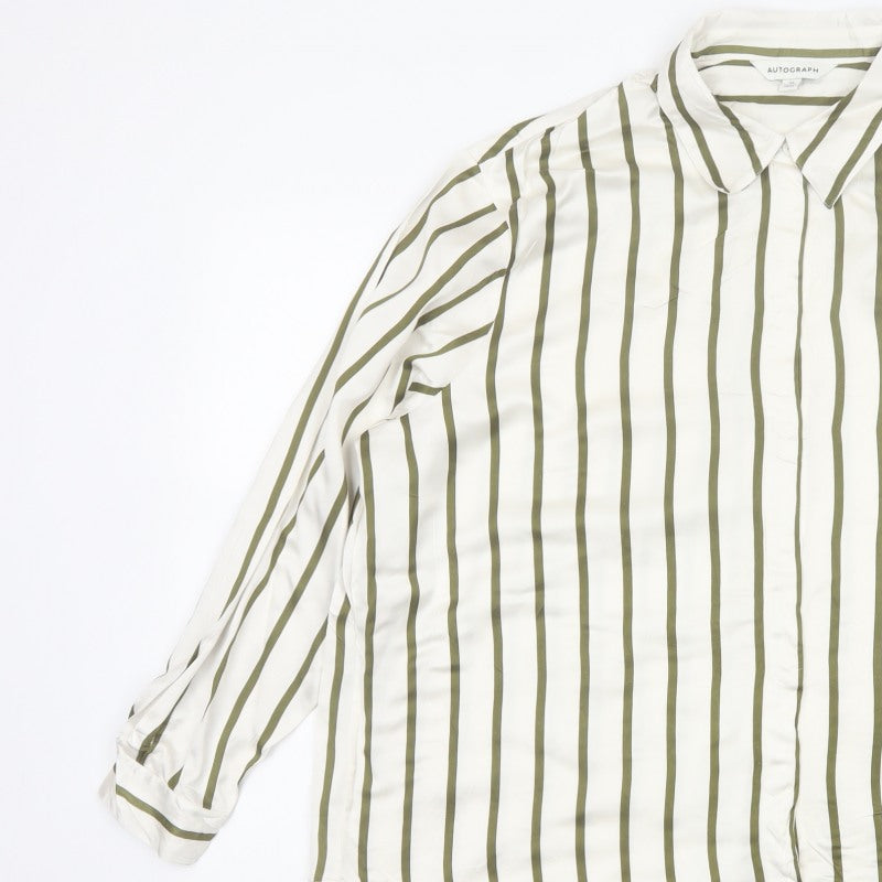 Autograph Women White Green Stripe Basic Button-Up Shirt UK 16
