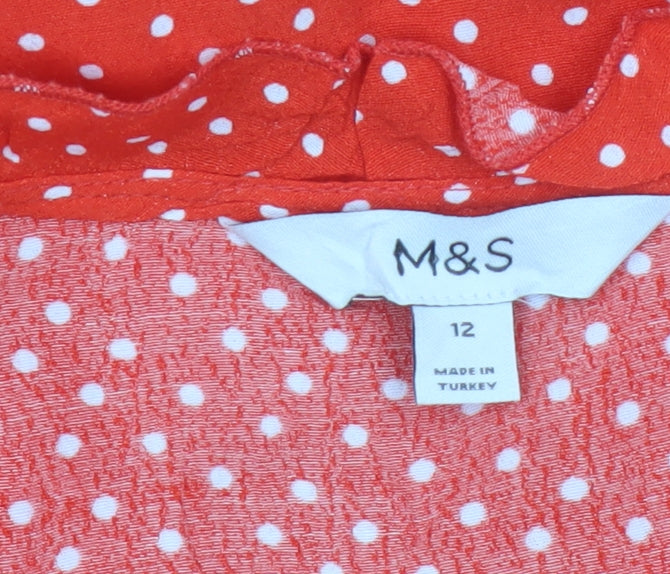 Marks and Spencer Women Red Polka Dot Ruffle V-Neck Blouse Size 12