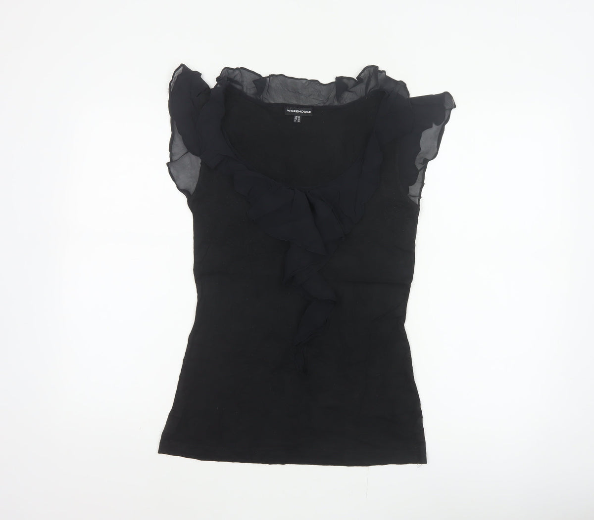 Warehouse Women Black UK 10 Ruffle Sheer Silk Trim Stretch Blouse