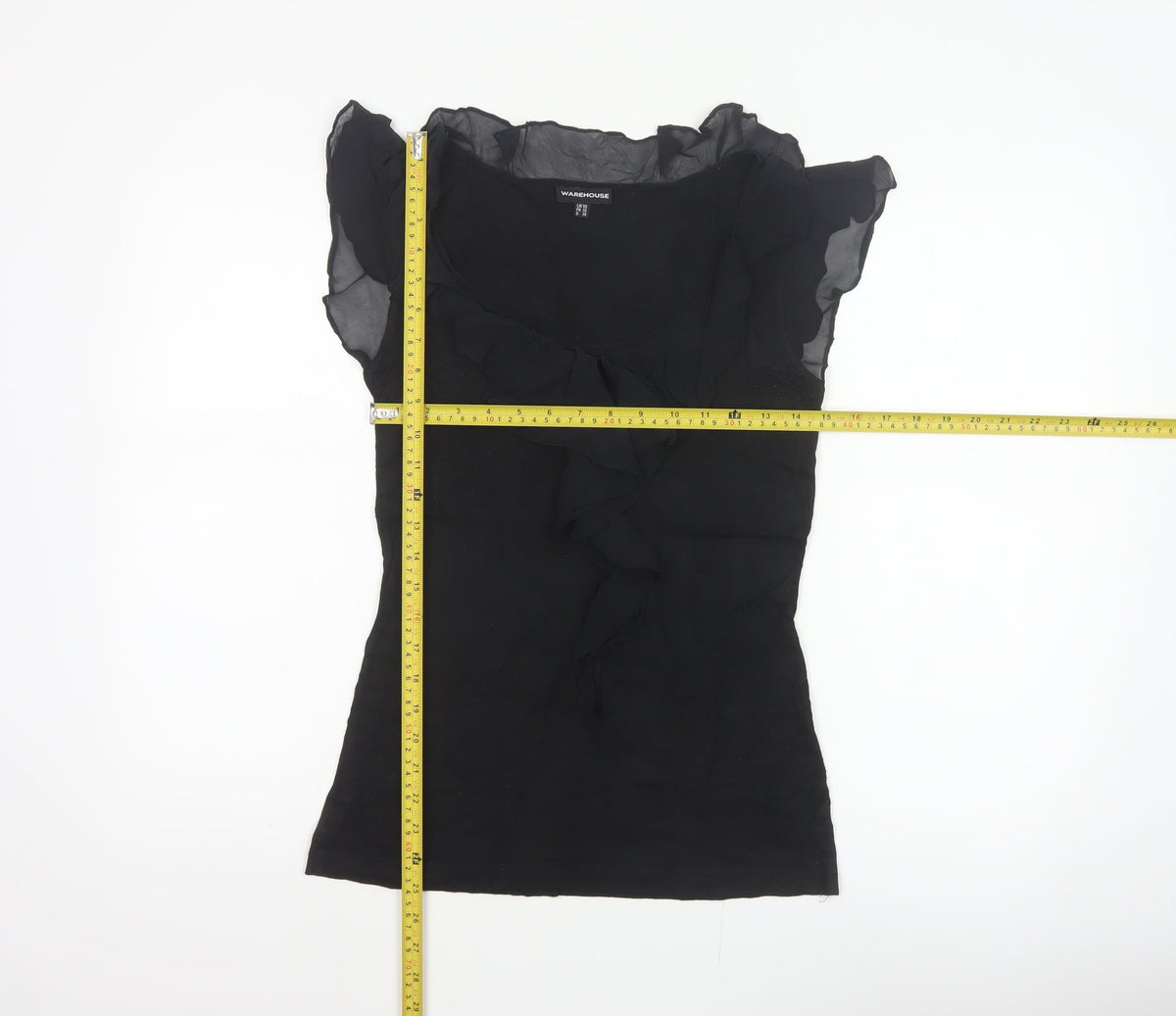 Warehouse Women Black UK 10 Ruffle Sheer Silk Trim Stretch Blouse