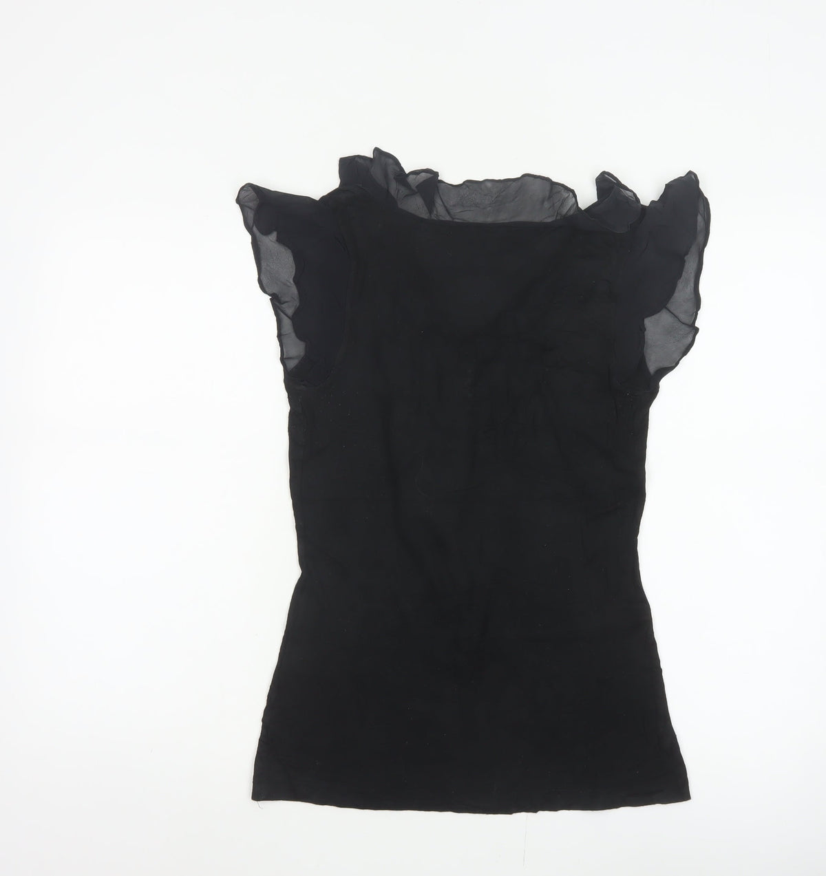 Warehouse Women Black UK 10 Ruffle Sheer Silk Trim Stretch Blouse