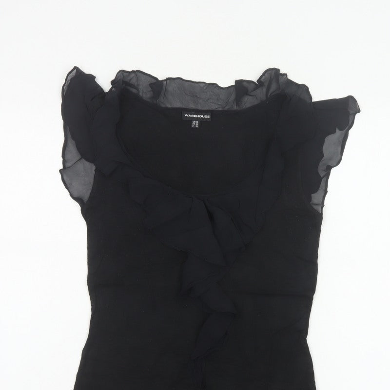 Warehouse Women Black UK 10 Ruffle Sheer Silk Trim Stretch Blouse