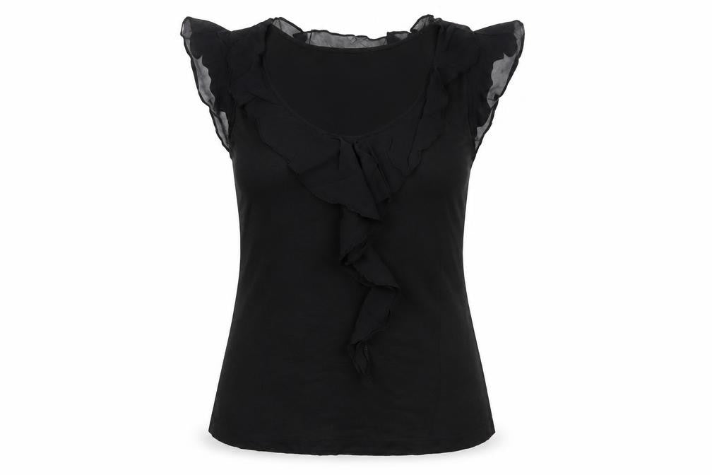 Warehouse Women Black UK 10 Ruffle Sheer Silk Trim Stretch Blouse