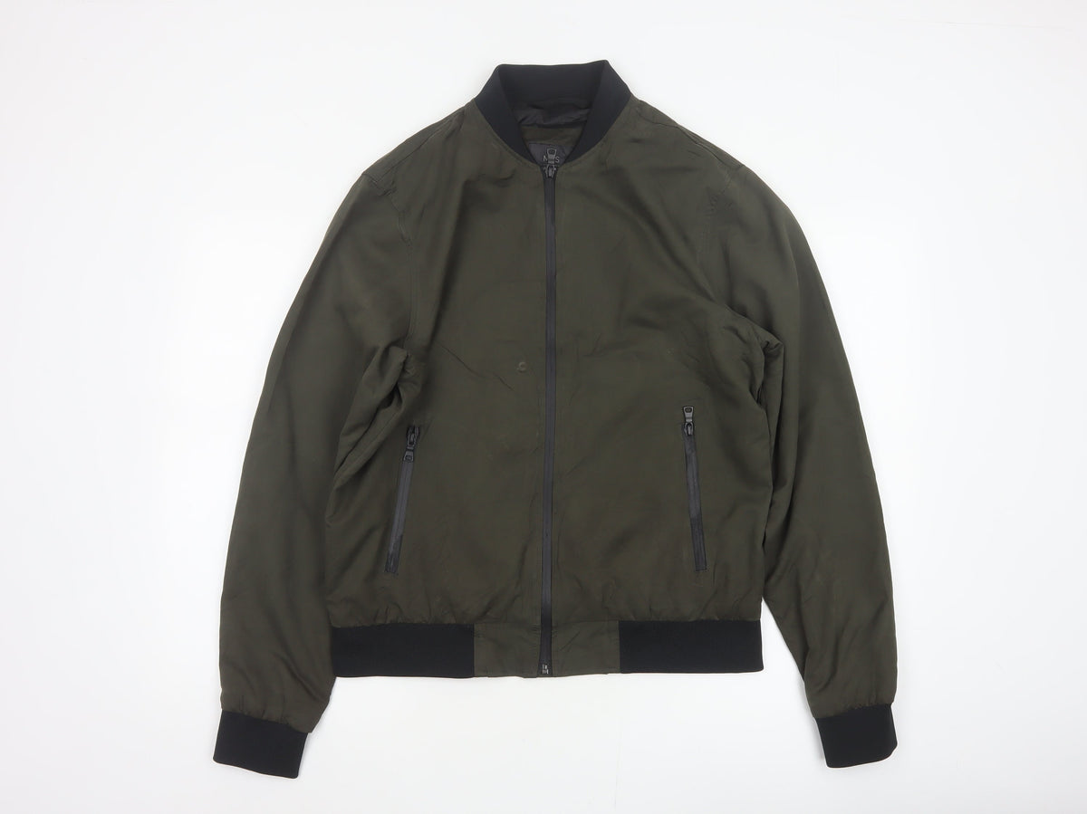 Marks and Spencer Men Green M Bomber Jacket Full Zip Lined