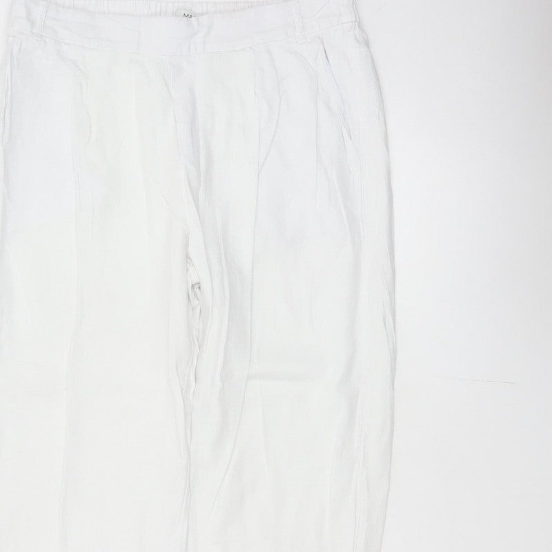 Marks & Spencer Women White UK 14 Short Linen Blend Tapered Trousers