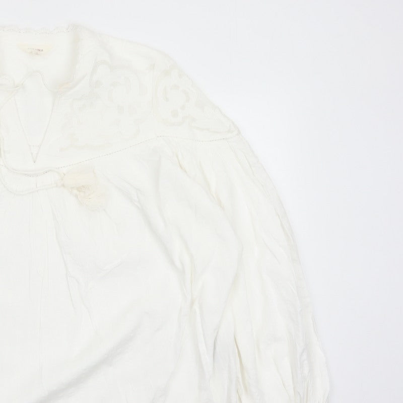Per Una Women Ivory UK 14 Bohemian Lace Tie Neck Long Sleeve Blouse