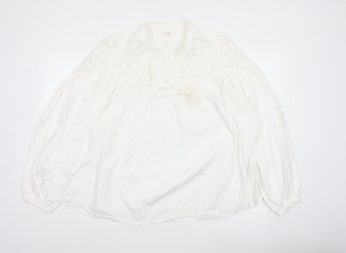 Per Una Women Ivory UK 14 Bohemian Lace Tie Neck Long Sleeve Blouse