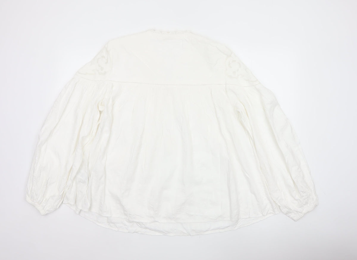 Per Una Women Ivory UK 14 Bohemian Lace Tie Neck Long Sleeve Blouse