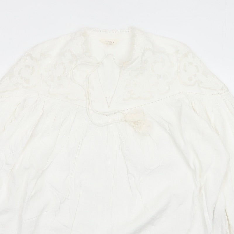 Per Una Women Ivory UK 14 Bohemian Lace Tie Neck Long Sleeve Blouse
