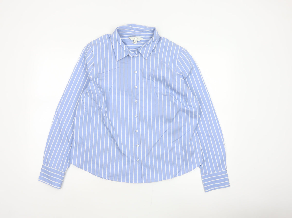 Marks and Spencer Women Blue Stripe Button-Up Shirt UK 16 Long Sleeve