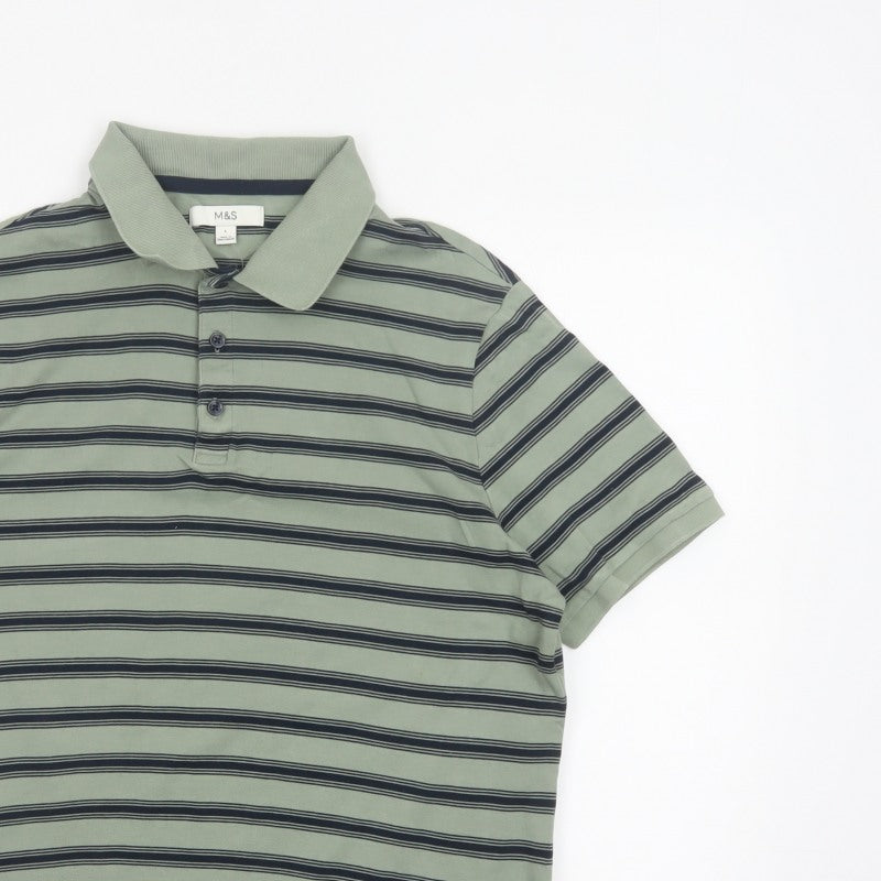 Additional view of Marks and Spencer Men’s Green Striped Cotton Polo Shirt L Short Sleeve