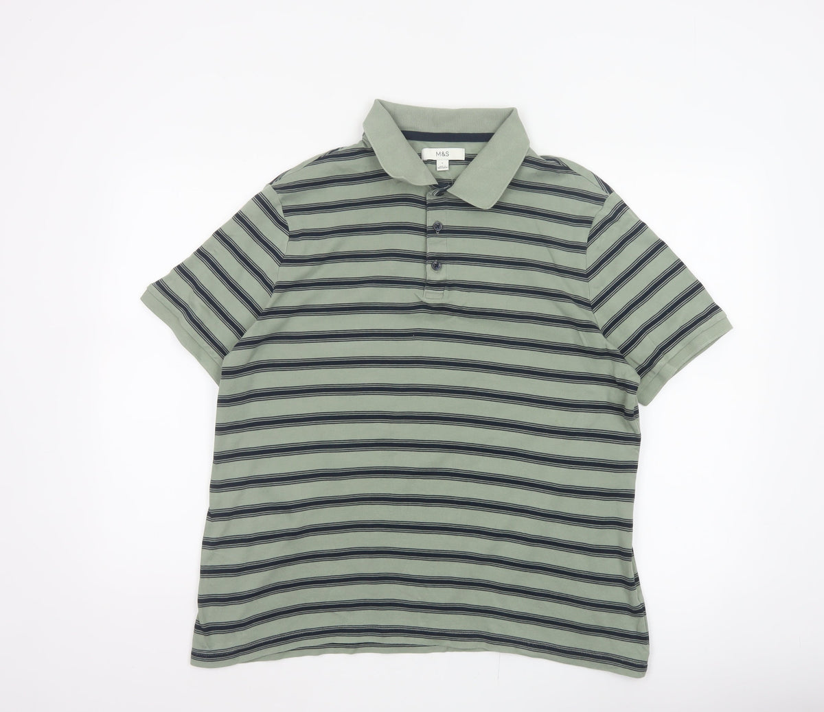 Back view of Marks and Spencer Men’s Green Striped Cotton Polo Shirt L Short Sleeve