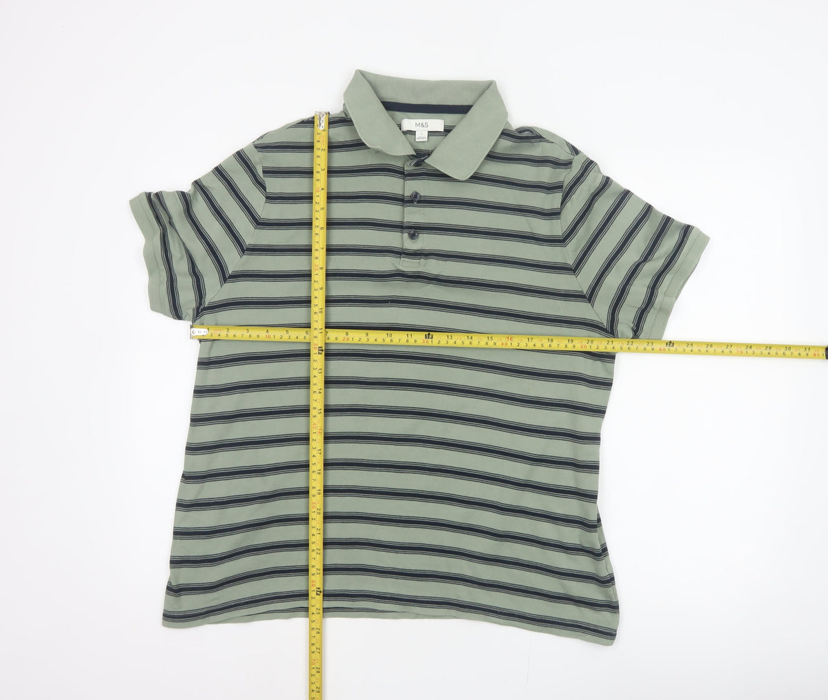 Close-up detail of Marks and Spencer Men’s Green Striped Cotton Polo Shirt L Short Sleeve