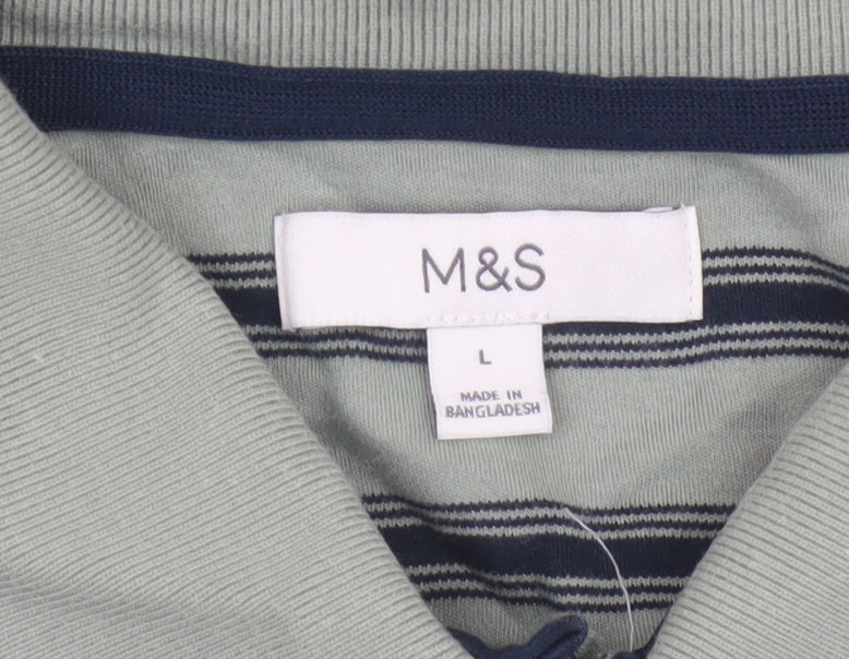 Additional view of Marks and Spencer Men’s Green Striped Cotton Polo Shirt L Short Sleeve