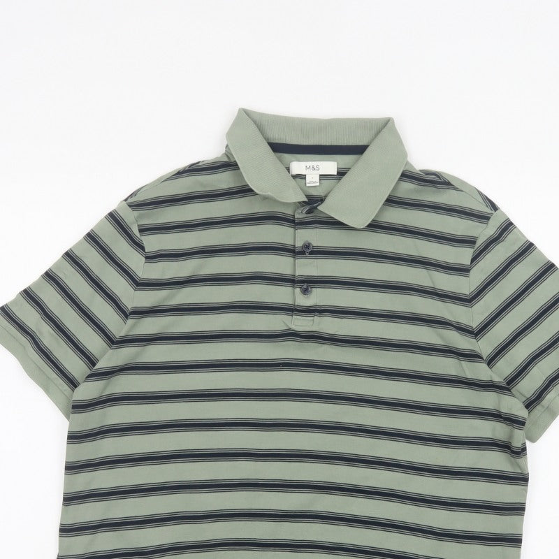Additional view of Marks and Spencer Men’s Green Striped Cotton Polo Shirt L Short Sleeve