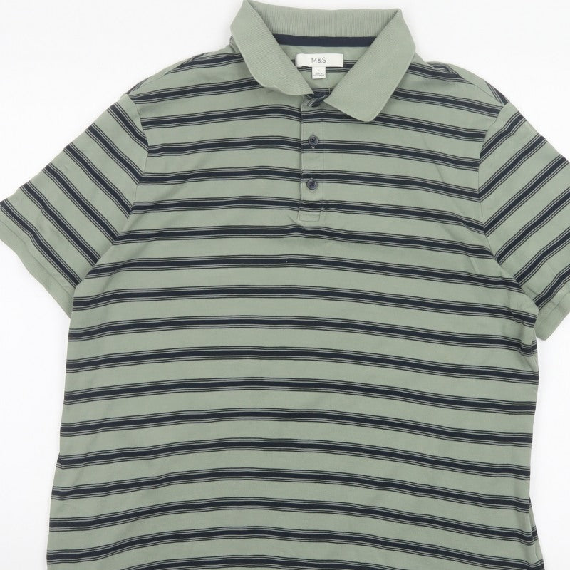 Additional view of Marks and Spencer Men’s Green Striped Cotton Polo Shirt L Short Sleeve