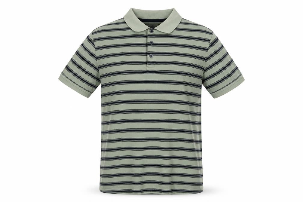 Front view of Marks and Spencer Men’s Green Striped Cotton Polo Shirt L Short Sleeve
