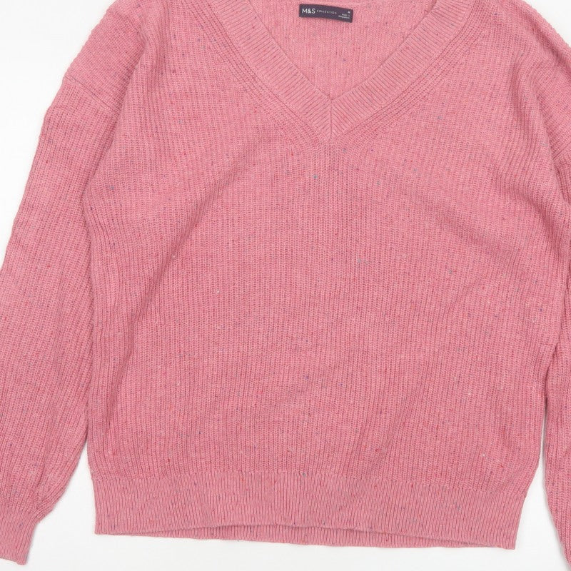 Marks & Spencer Women Pink M V-Neck Cotton Wool Knit Pullover Jumper
