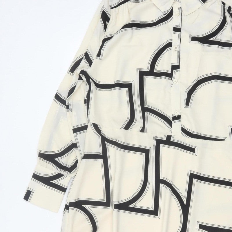 H&M Women Ivory Black Geometric Shirt Dress XL Long Sleeve