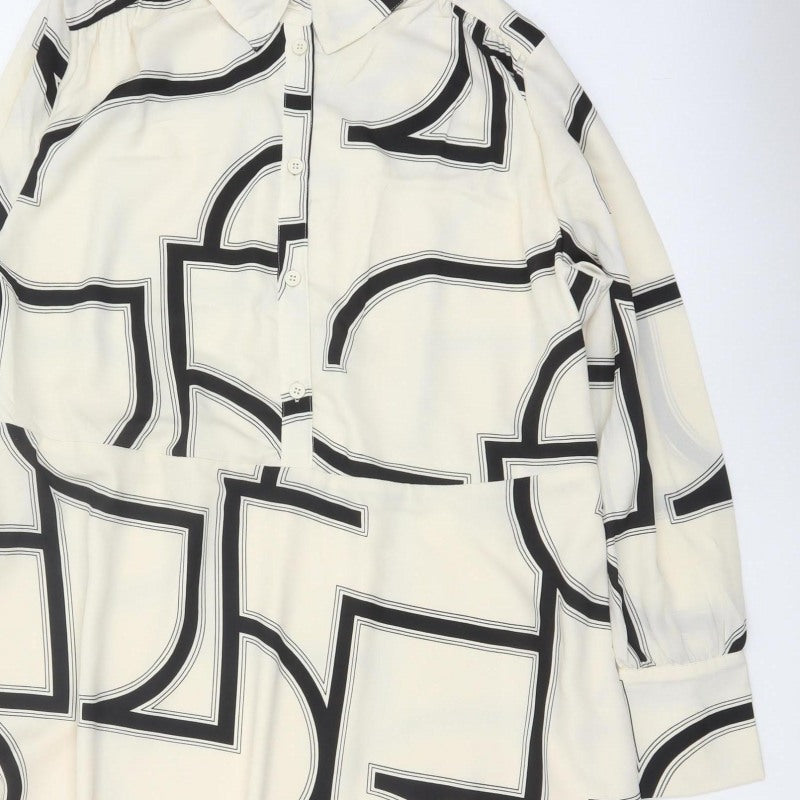 H&M Women Ivory Black Geometric Shirt Dress XL Long Sleeve