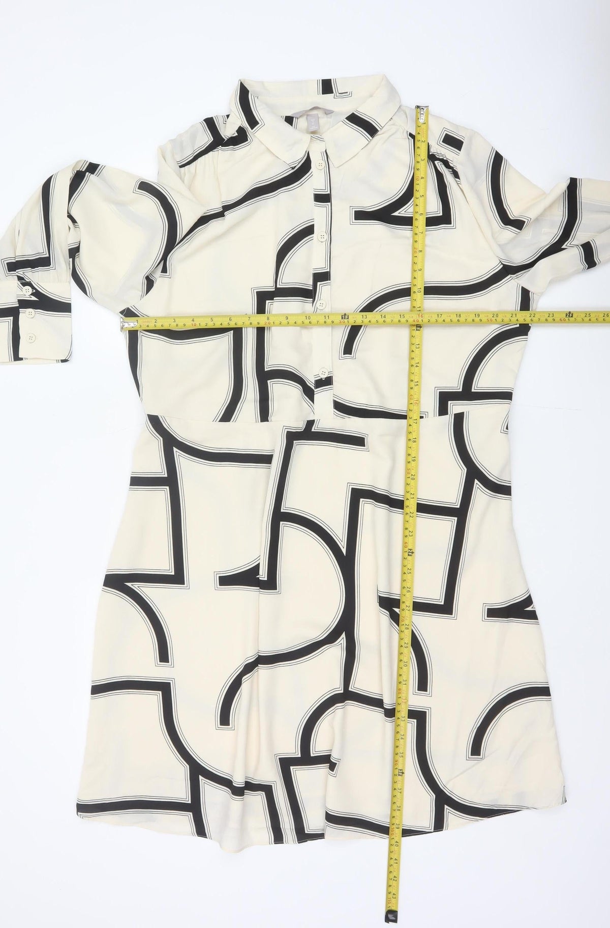 H&M Women Ivory Black Geometric Shirt Dress XL Long Sleeve