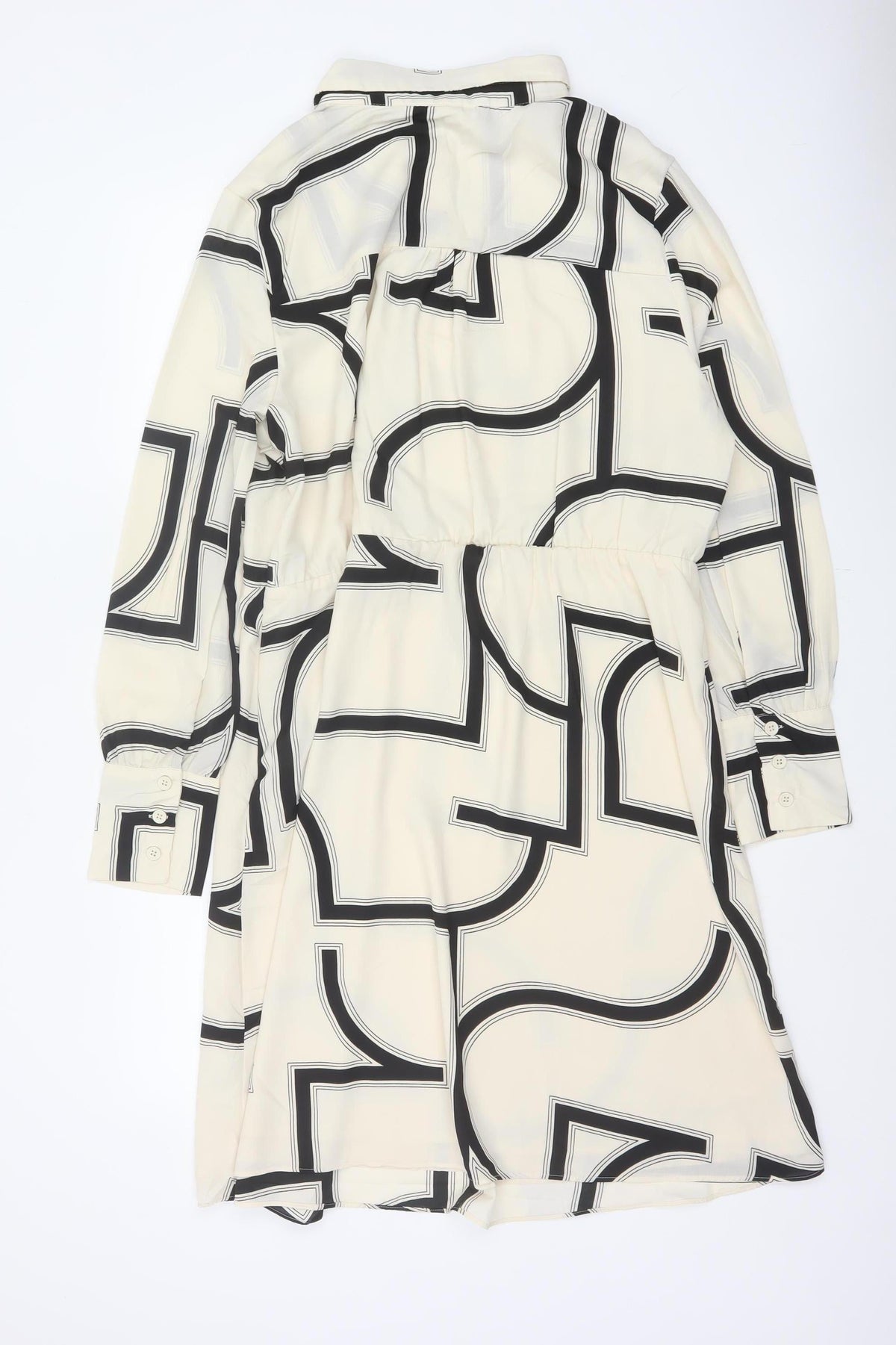 H&M Women Ivory Black Geometric Shirt Dress XL Long Sleeve