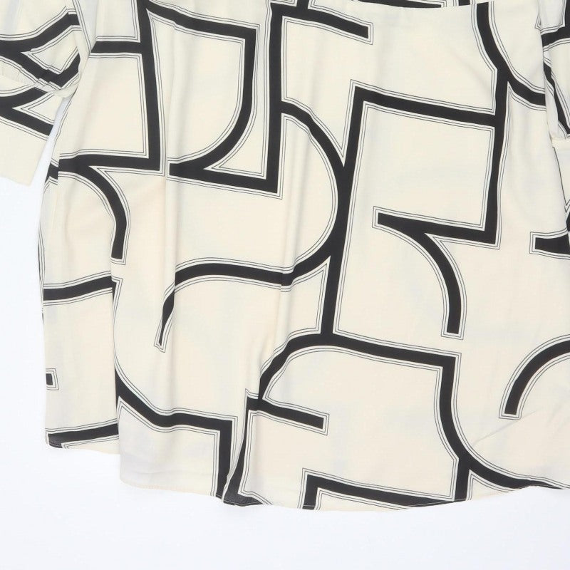 H&M Women Ivory Black Geometric Shirt Dress XL Long Sleeve