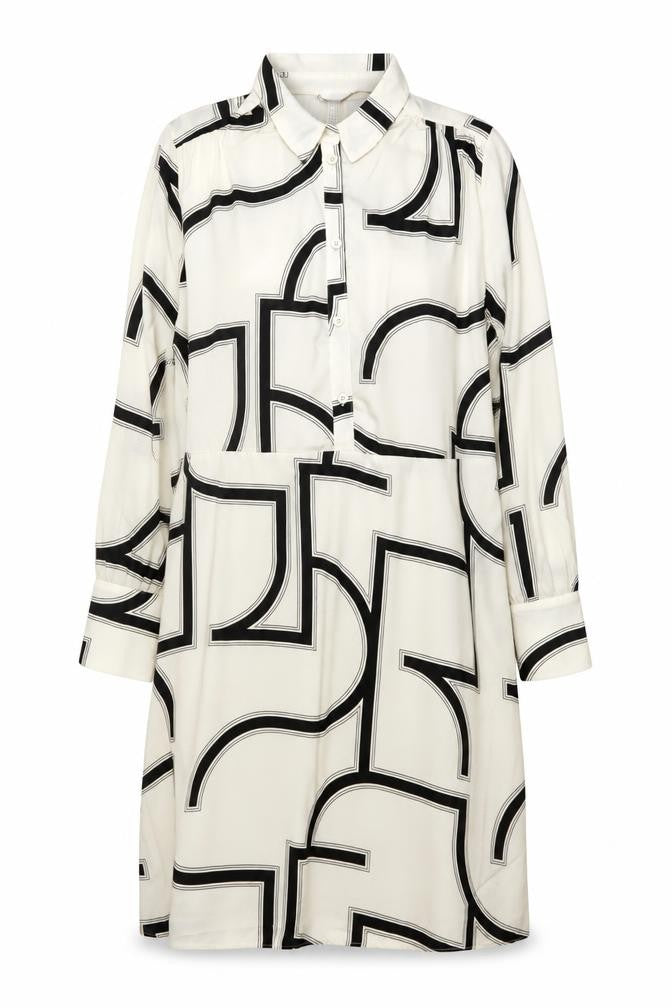 H&M Women Ivory Black Geometric Shirt Dress XL Long Sleeve