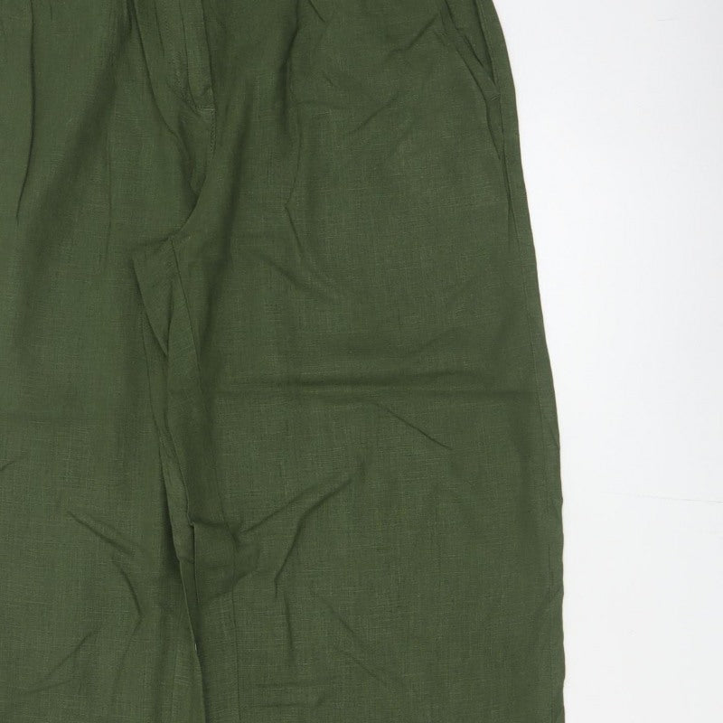 Next Women Green UK 12R High Rise Cropped Linen Blend Trousers