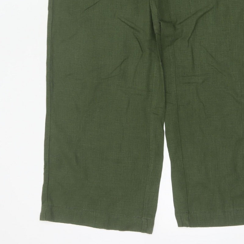 Next Women Green UK 12R High Rise Cropped Linen Blend Trousers