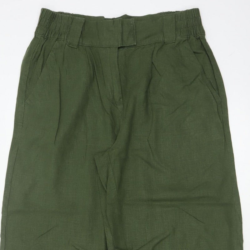 Next Women Green UK 12R High Rise Cropped Linen Blend Trousers