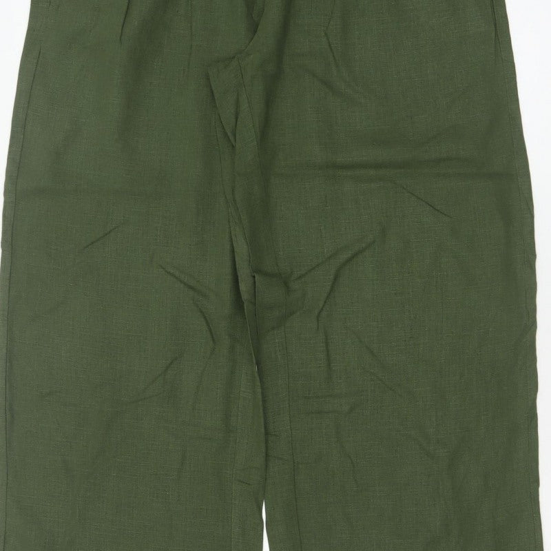 Next Women Green UK 12R High Rise Cropped Linen Blend Trousers