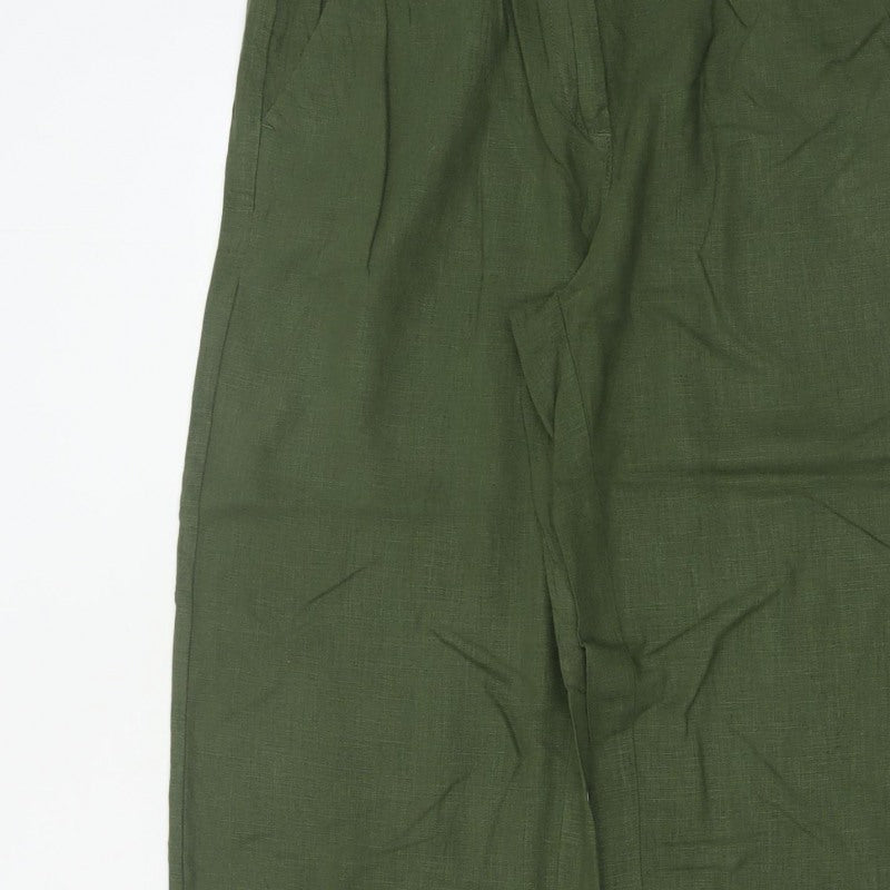 Next Women Green UK 12R High Rise Cropped Linen Blend Trousers