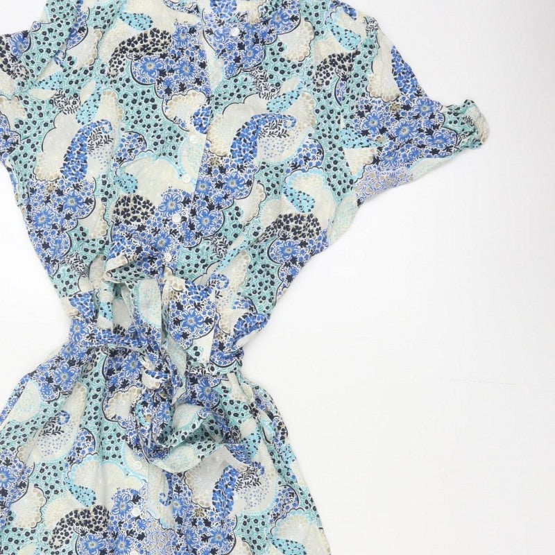 Marks and Spencer Women Blue Paisley Size 8 Midi Shirt Dress Belted