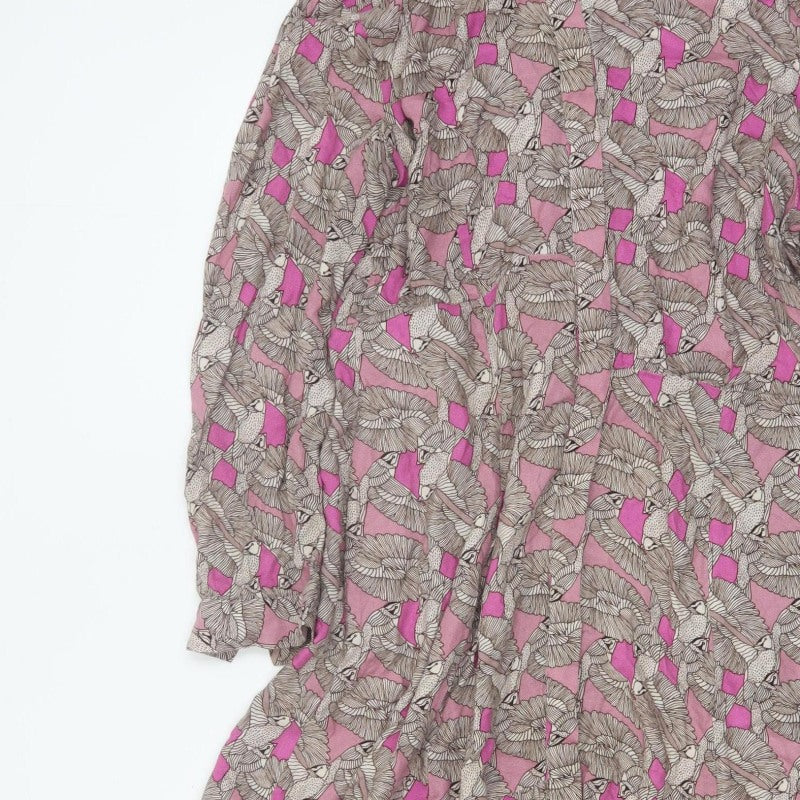 White Stuff Women Pink Bird Print Long Shirt Dress UK 14