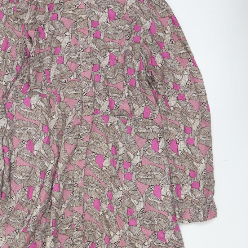White Stuff Women Pink Bird Print Long Shirt Dress UK 14